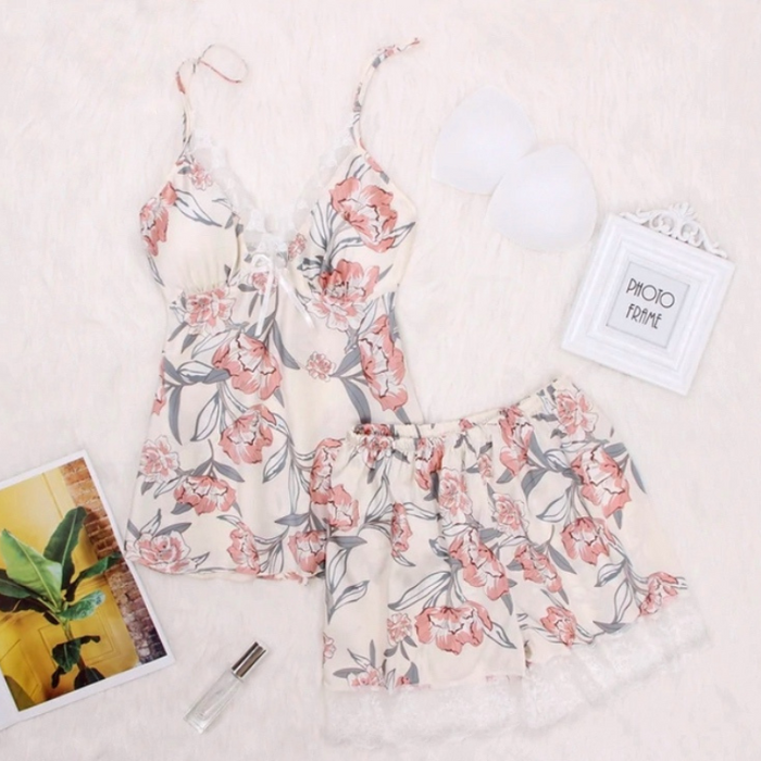 Floral Print Lace Cami Top And Shorts Set Women