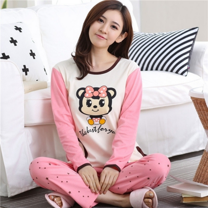 Striped Bear Cartoon Printed Cotton Women Pajamas Set