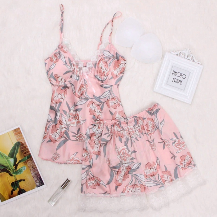 Floral Print Lace Cami Top And Shorts Set Women