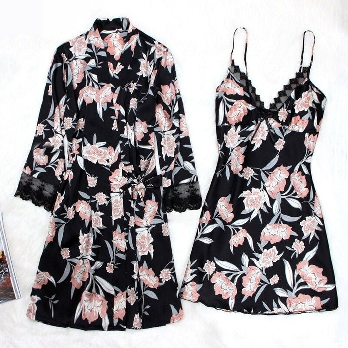 Women Robe Nightgown Set with Evergreen Flower Prints