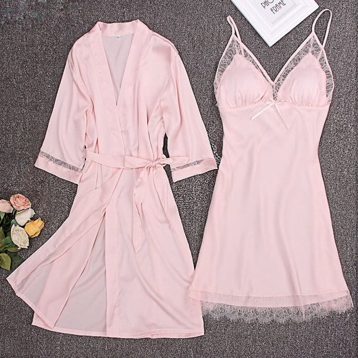 Silk Nightgown Women 2 Pieces Lace Camisole Robe Dress