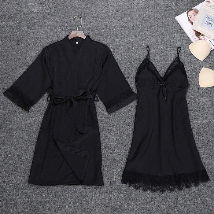 Silk Nightgown Women 2 Pieces Lace Camisole Robe Dress