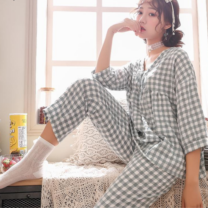 Women Cotton Blend Plaid Print 2 Piece Pyjamas Casual