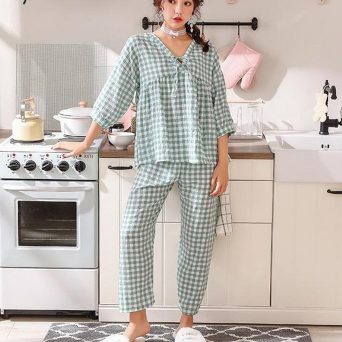 Women Cotton Blend Plaid Print 2 Piece Pyjamas Casual