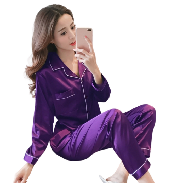 Winter Plus Size Long Sleeve Pajamas Satin Sleepwear