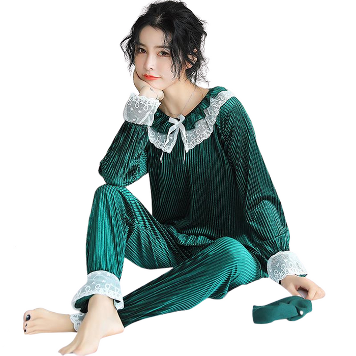 Lace Trim Winter Gold Velvet Warm Pajamas Set