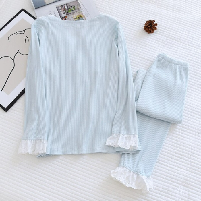 Sweet Long Sleeved V- Neck Pajama Suit