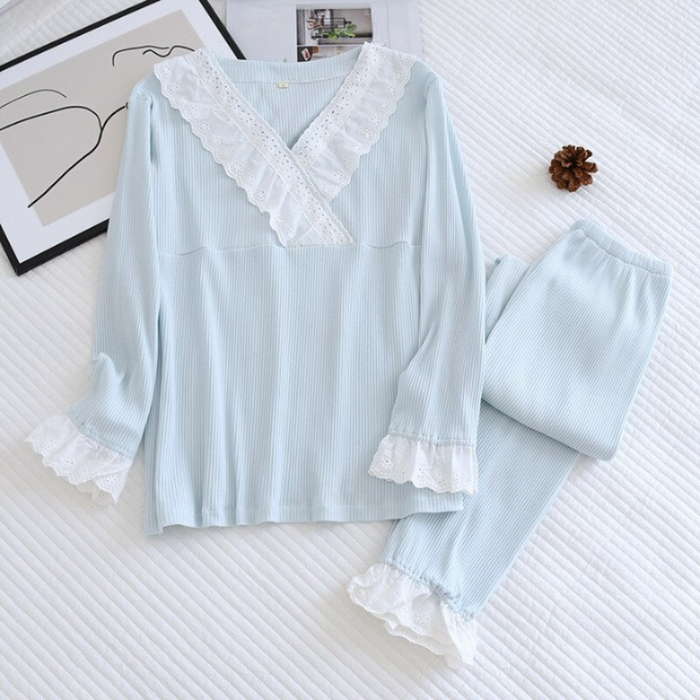 Sweet Long Sleeved V- Neck Pajama Suit