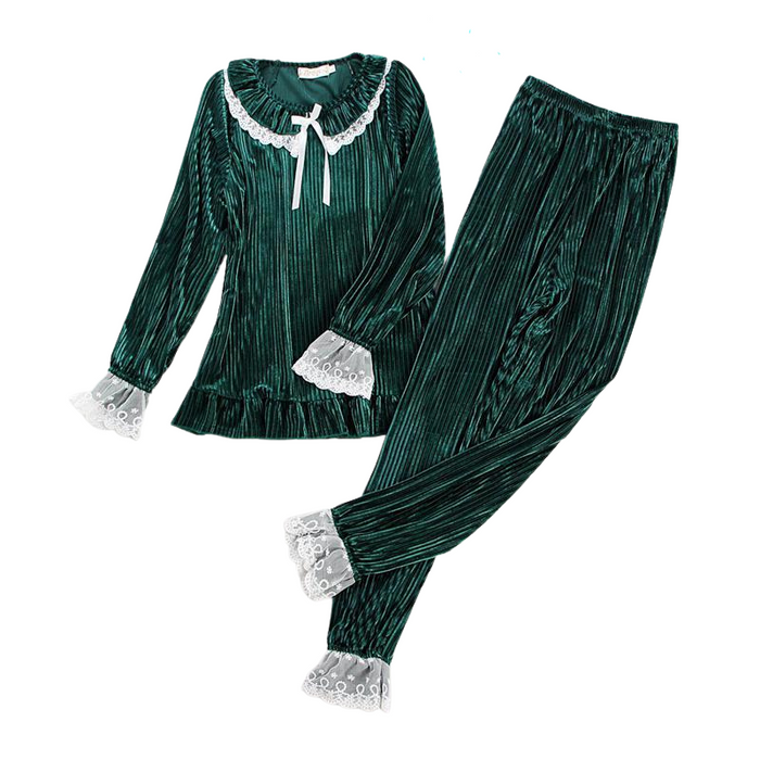 Lace Trim Winter Gold Velvet Warm Pajamas Set