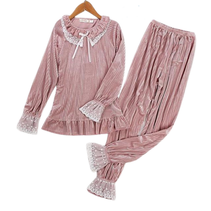 Lace Trim Winter Gold Velvet Warm Pajamas Set