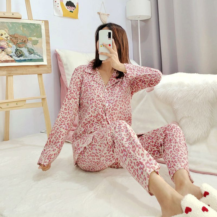 Pink Leopard Print Pajama Suit Set