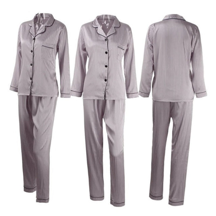 Women Satin Full Length Top Pants Sleepwear Striped Pyjamas