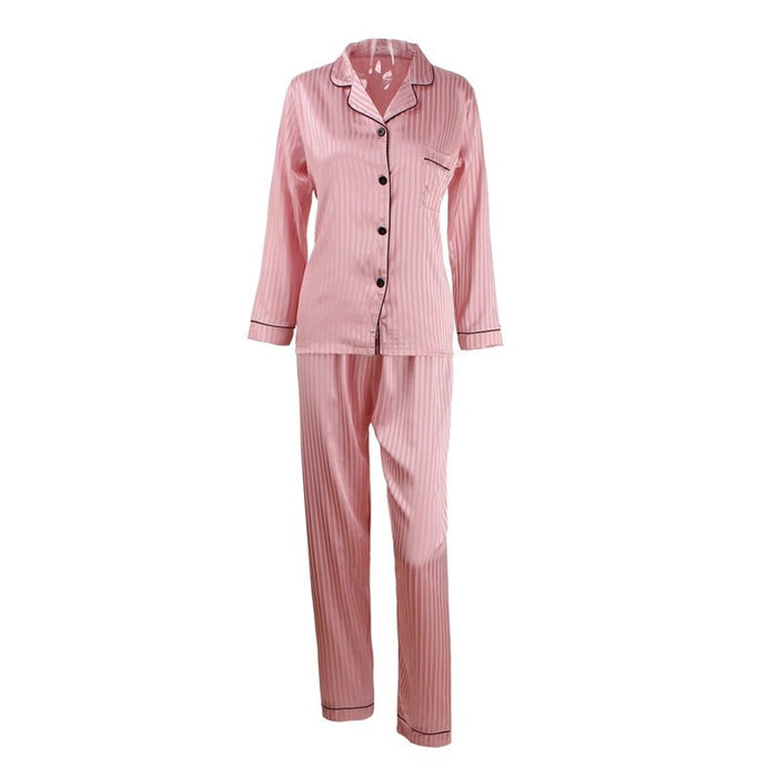 Women Satin Full Length Top Pants Sleepwear Striped Pyjamas