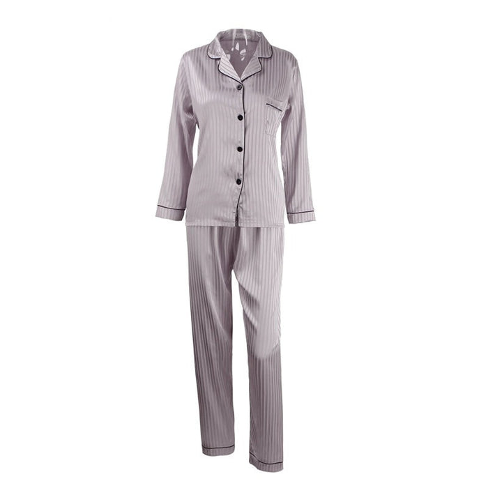 Women Satin Full Length Top Pants Sleepwear Striped Pyjamas