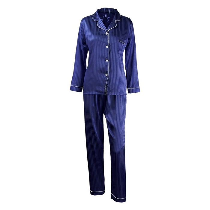 Women Satin Full Length Top Pants Sleepwear Striped Pyjamas