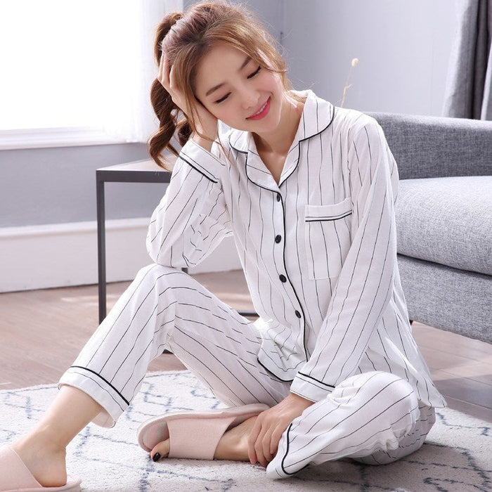 Casual Cotton 2 Piece Long Sleeve Pajamas Sets Women White Striped Sleepwear