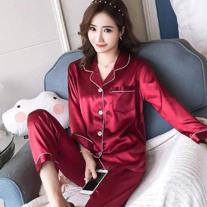 Satin Pajamas Long And Short Solid Sleepwear Suit Female