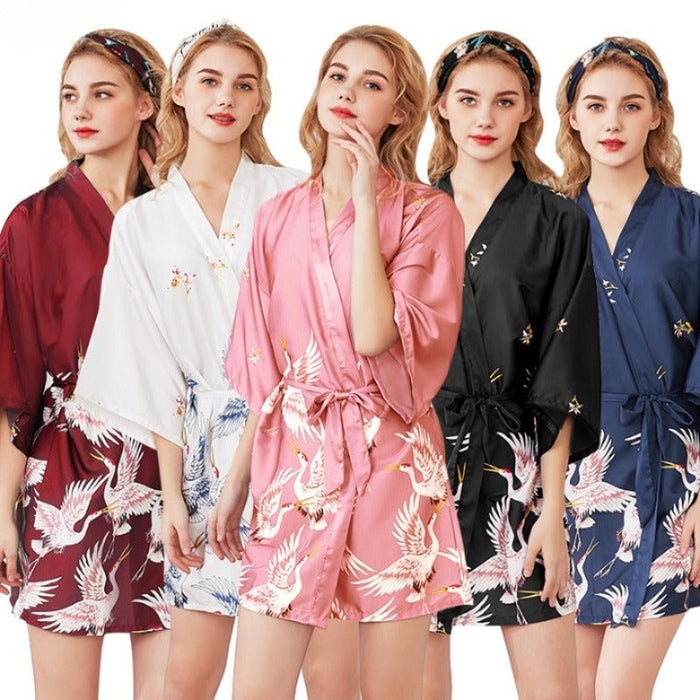 Women Crane Print Sleepwear Bathroom Spa Robe