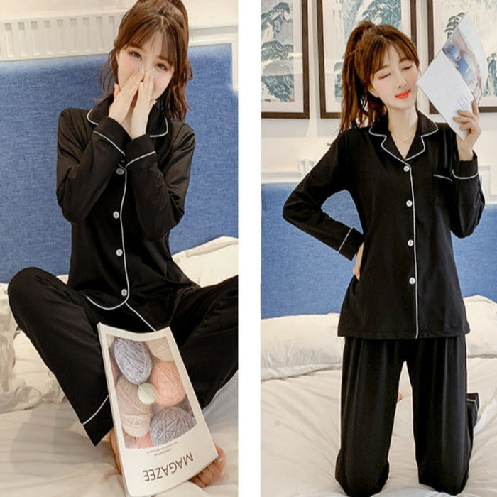 Spring Black Pyjamas Women Long Sleeves Set