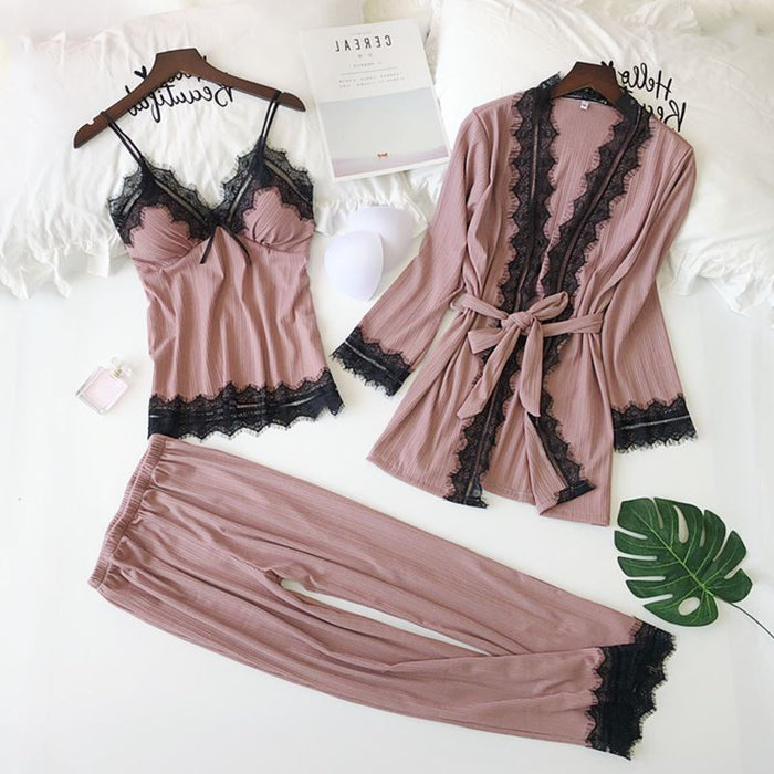 3pcs Women Lace Robe Cami Long Pants Pajamas Set