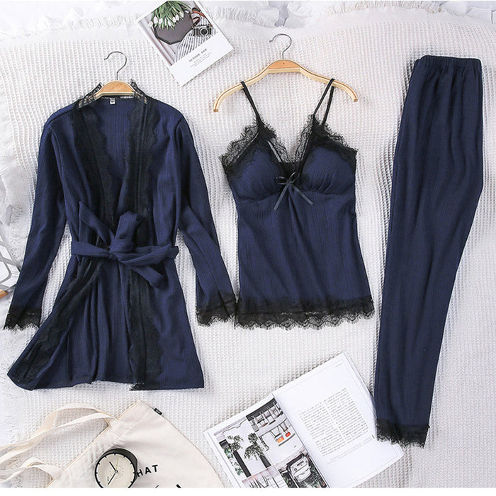 3pcs Women Lace Robe Cami Long Pants Pajamas Set