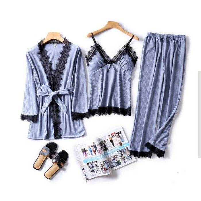 3pcs Women Lace Robe Cami Long Pants Pajamas Set