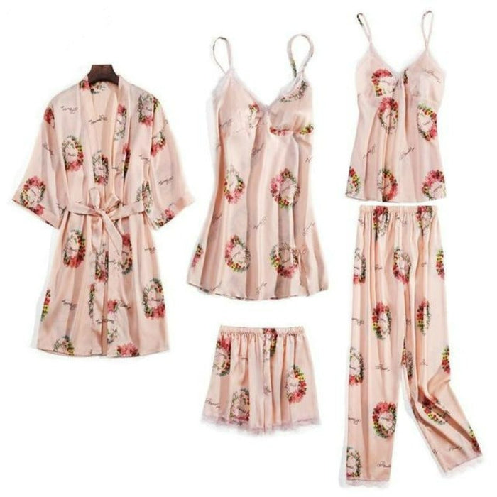 5 Pieces Satin Printed Pajama Set
