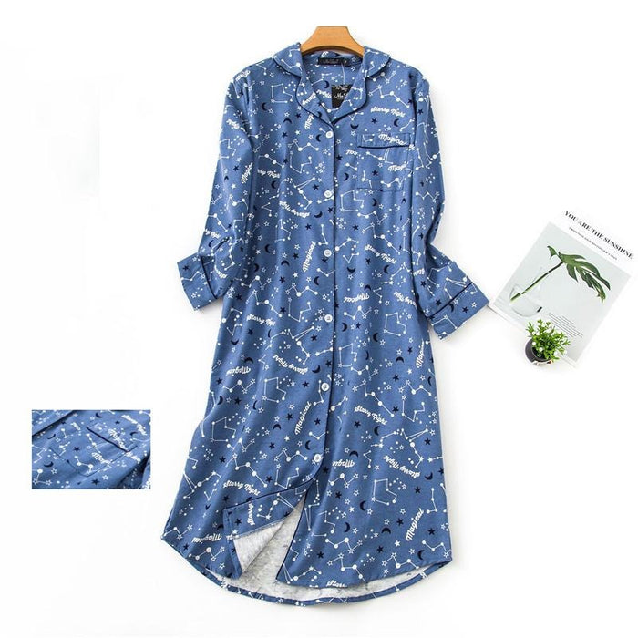 Nightgown Pajamas Women Cotton Long Nightdress Plaid Cartoon With Pocketed