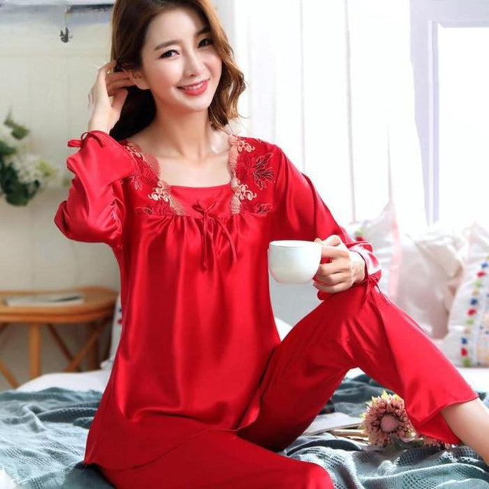 Women Satin Pajamas Flower Lace Sleepwear Suit