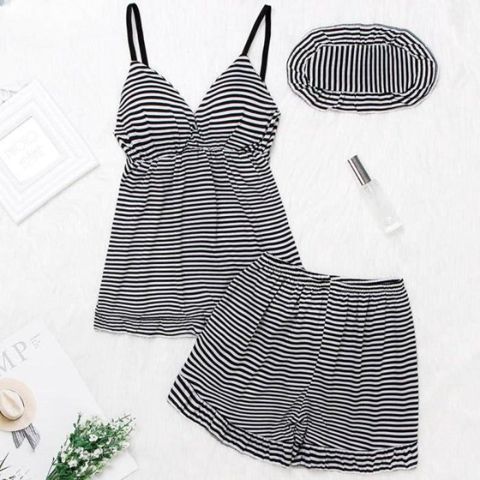 Women Stripe Sleeveless Sleepwear 3 Pieces Sets With Eyes Masks