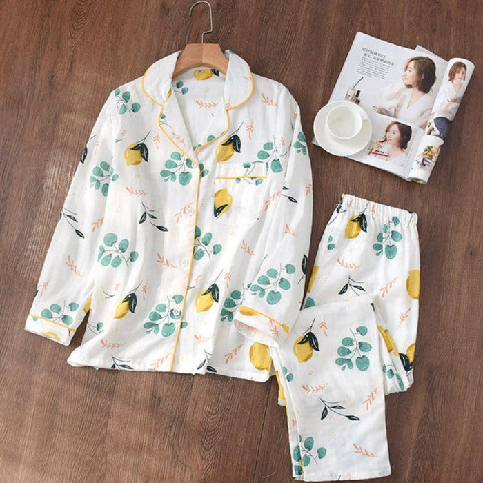 Gauze Soft 2 Piece Pajamas And Shorts Sets Button Down Long Sleeve