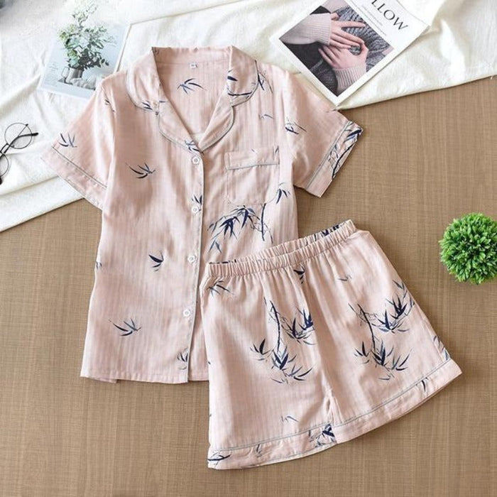 Gauze Soft 2 Piece Pajamas And Shorts Sets Button Down Long Sleeve