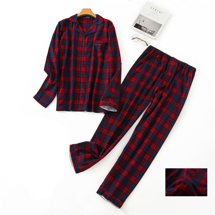 Men Cotton Pajamas 2 Piece Set Plaid And Dot Print Long-Sleeved
