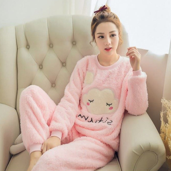 Flannel Cotton Blended Women Pajamas Warm Sleepwear