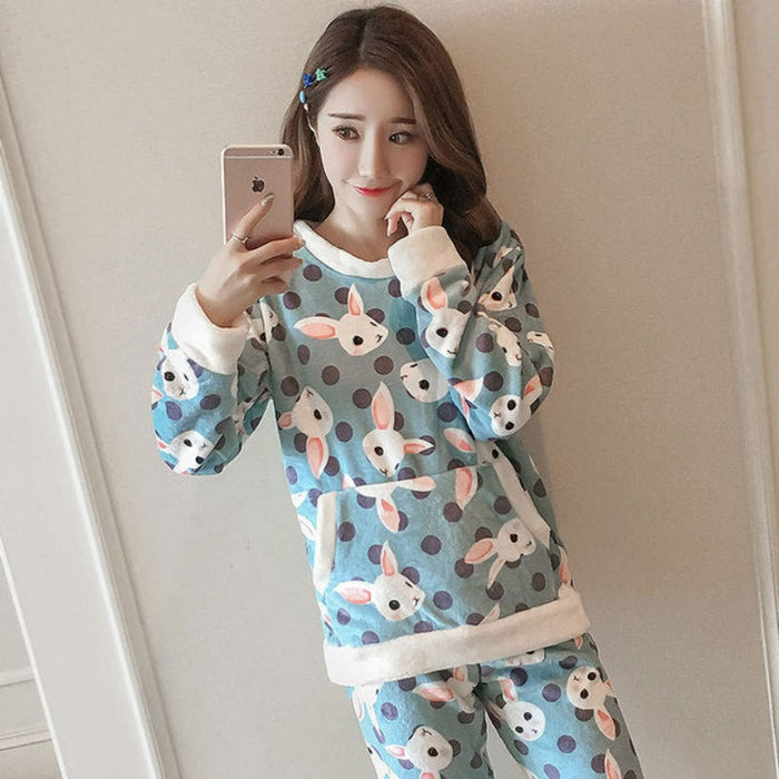 Flannel Cotton Blended Women Pajamas Warm Sleepwear