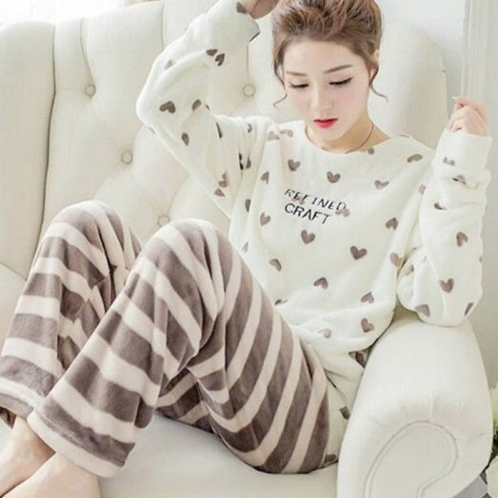 Flannel Cotton Blended Women Pajamas Warm Sleepwear