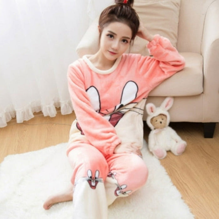 Flannel Cotton Blended Women Pajamas Warm Sleepwear