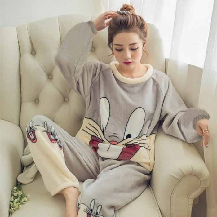 Flannel Cotton Blended Women Pajamas Warm Sleepwear