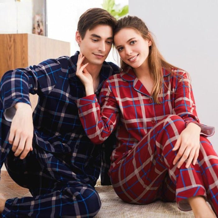 Winter Couple Pajamas Cotton Long-Sleeved Plaid Lapel