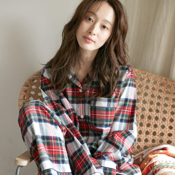 Plaid Print 2 Piece Cotton Couple Pajamas Set For Women and Men