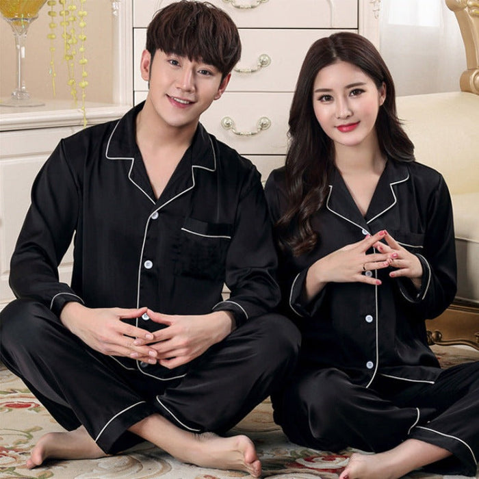 Couple Solid Polyester Sleepwear 2 Piece Pajama Set