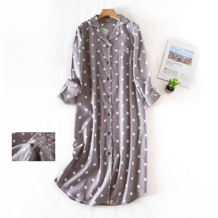 Nightgown Pajamas Women Cotton Long Nightdress Plaid Cartoon With Pocketed