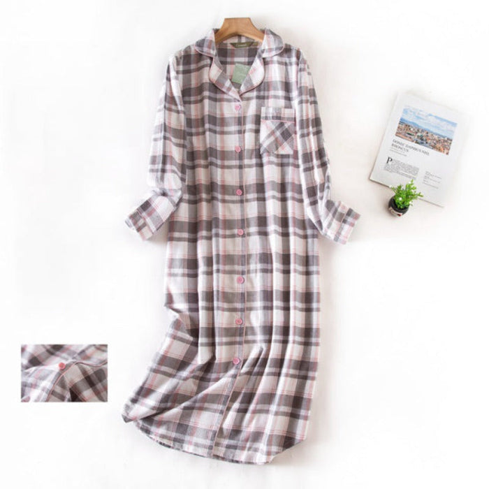 Nightgown Pajamas Women Cotton Long Nightdress Plaid Cartoon With Pocketed