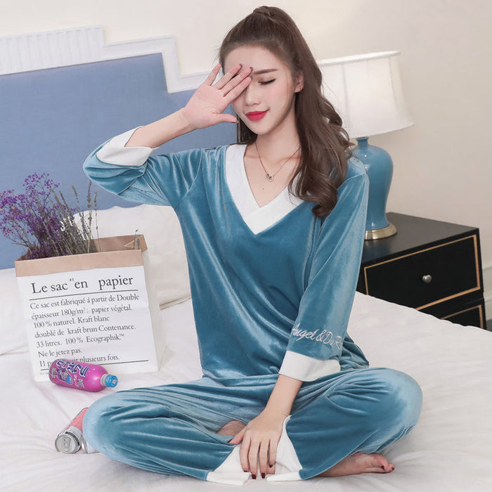 Gold Velvet Pajamas 2 Piece Sets for Women Winter Thick