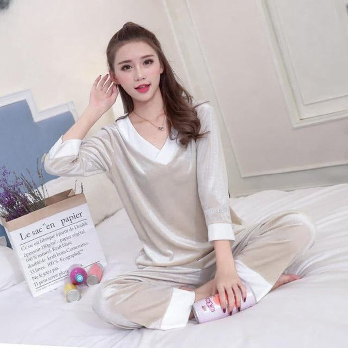 Gold Velvet Pajamas 2 Piece Sets for Women Winter Thick