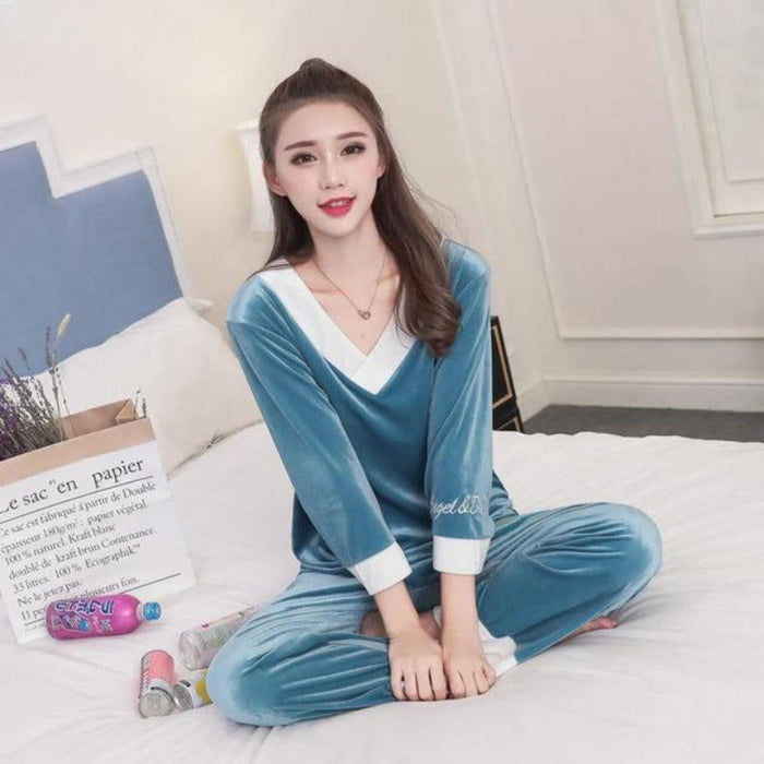 Gold Velvet Pajamas 2 Piece Sets for Women Winter Thick