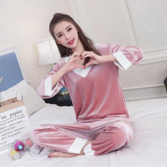 Gold Velvet Pajamas 2 Piece Sets for Women Winter Thick