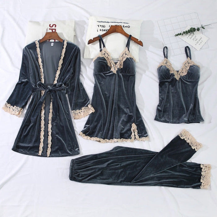 The 4 Pcs Velvet Solid Lace Pajama Set