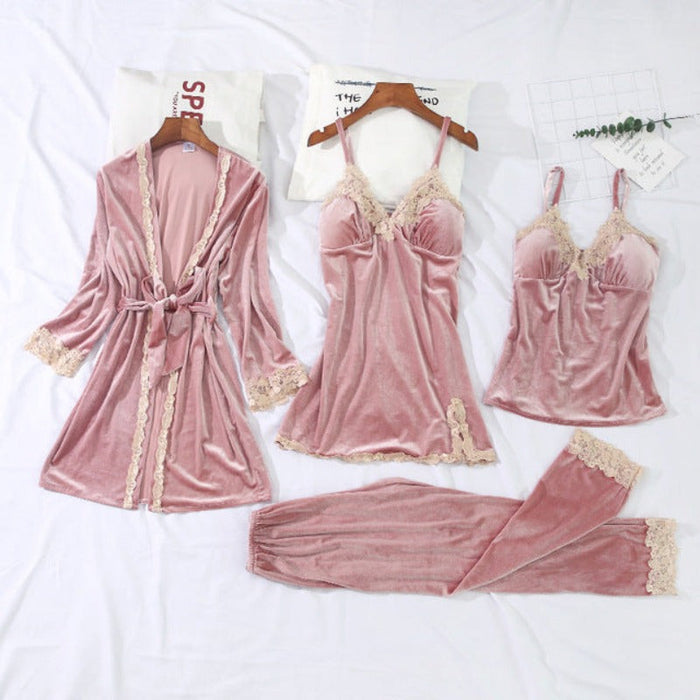 The 4 Pcs Velvet Solid Lace Pajama Set