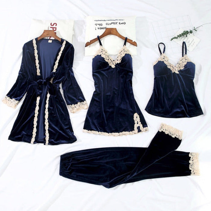 The 4 Pcs Velvet Solid Lace Pajama Set